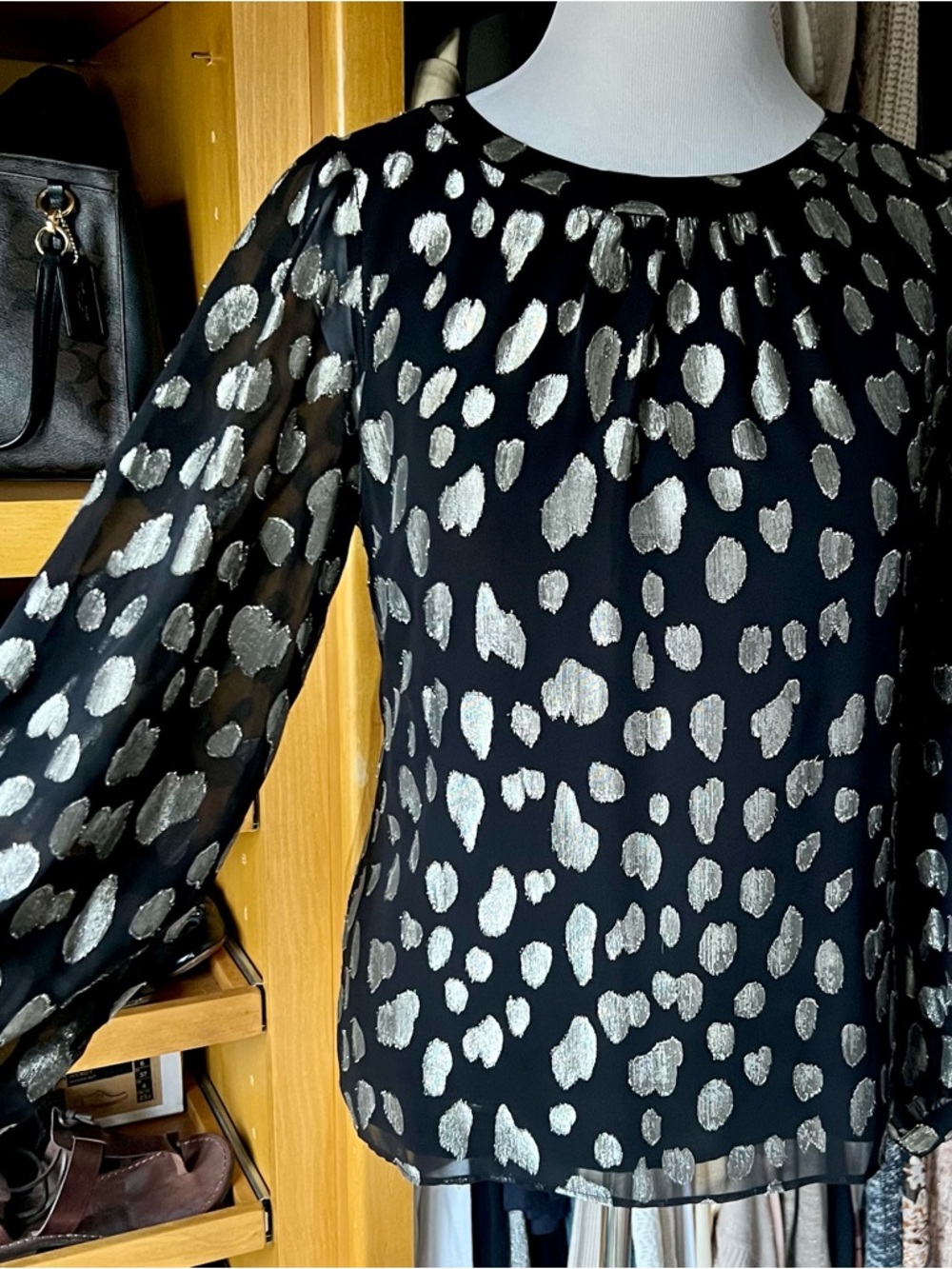 TALBOTS Black Chiffon Blouse with Silver Metallic Animal Print-L